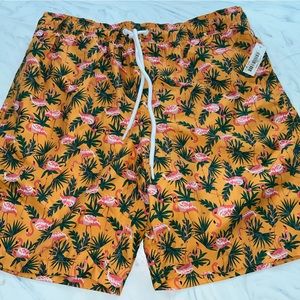 Amazon essentials yellow pink flamingo shorts bathing suit swim trunks l new nwt